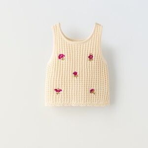 Zara Girl Cream Knit Tank and Short Set with Pink Floral Accents